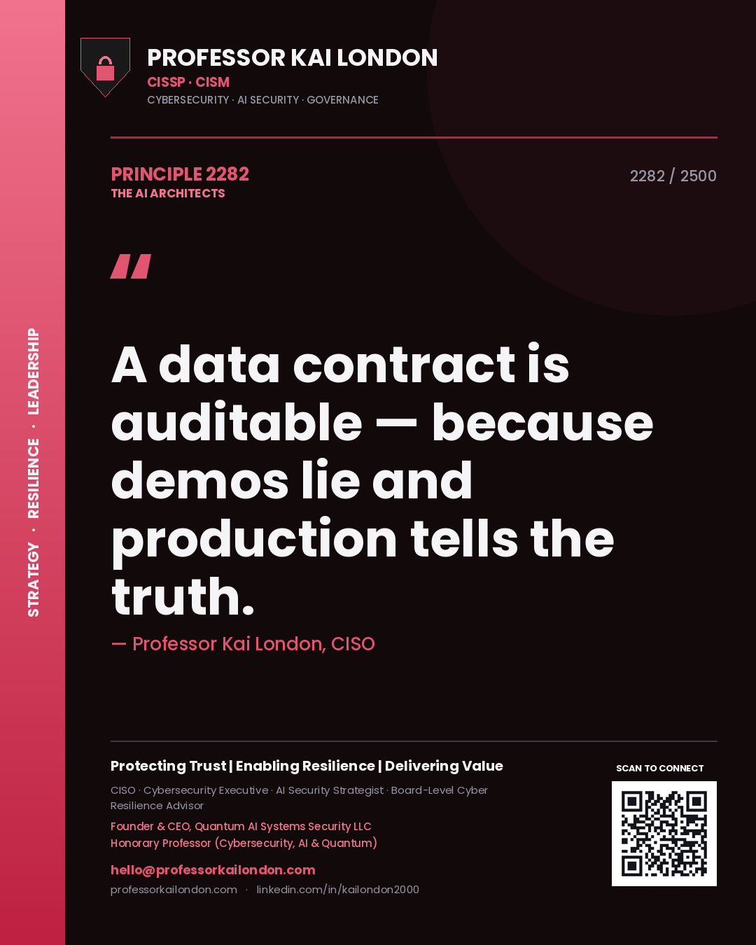 Professor Kai London principle 2282: A data contract is auditable — because demos lie and production tells the truth.