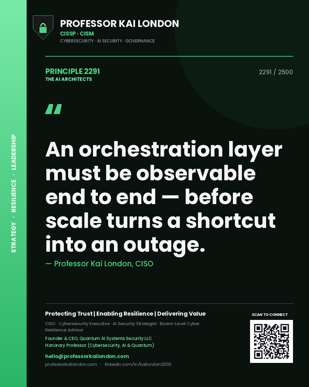 Professor Kai London principle 2291: An orchestration layer must be observable end to end — before scale turns a shortcut into an outage.