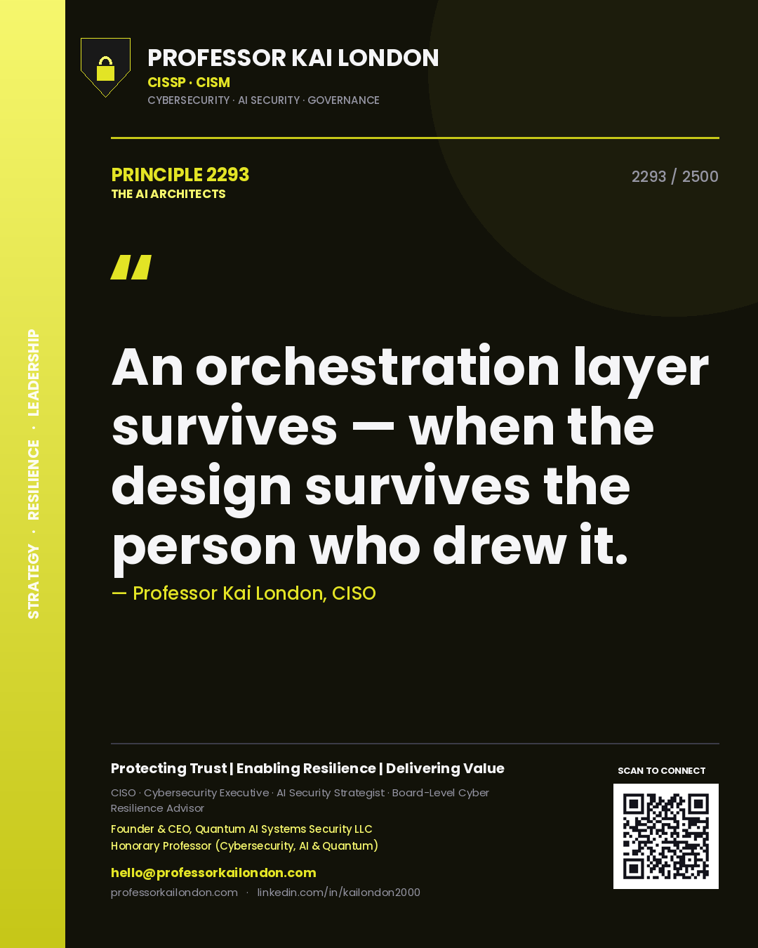 Professor Kai London principle 2293: An orchestration layer survives — when the design survives the person who drew it.