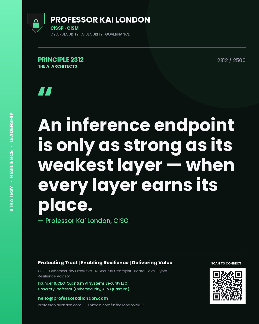 Professor Kai London principle 2312: An inference endpoint is only as strong as its weakest layer — when every layer earns its place.
