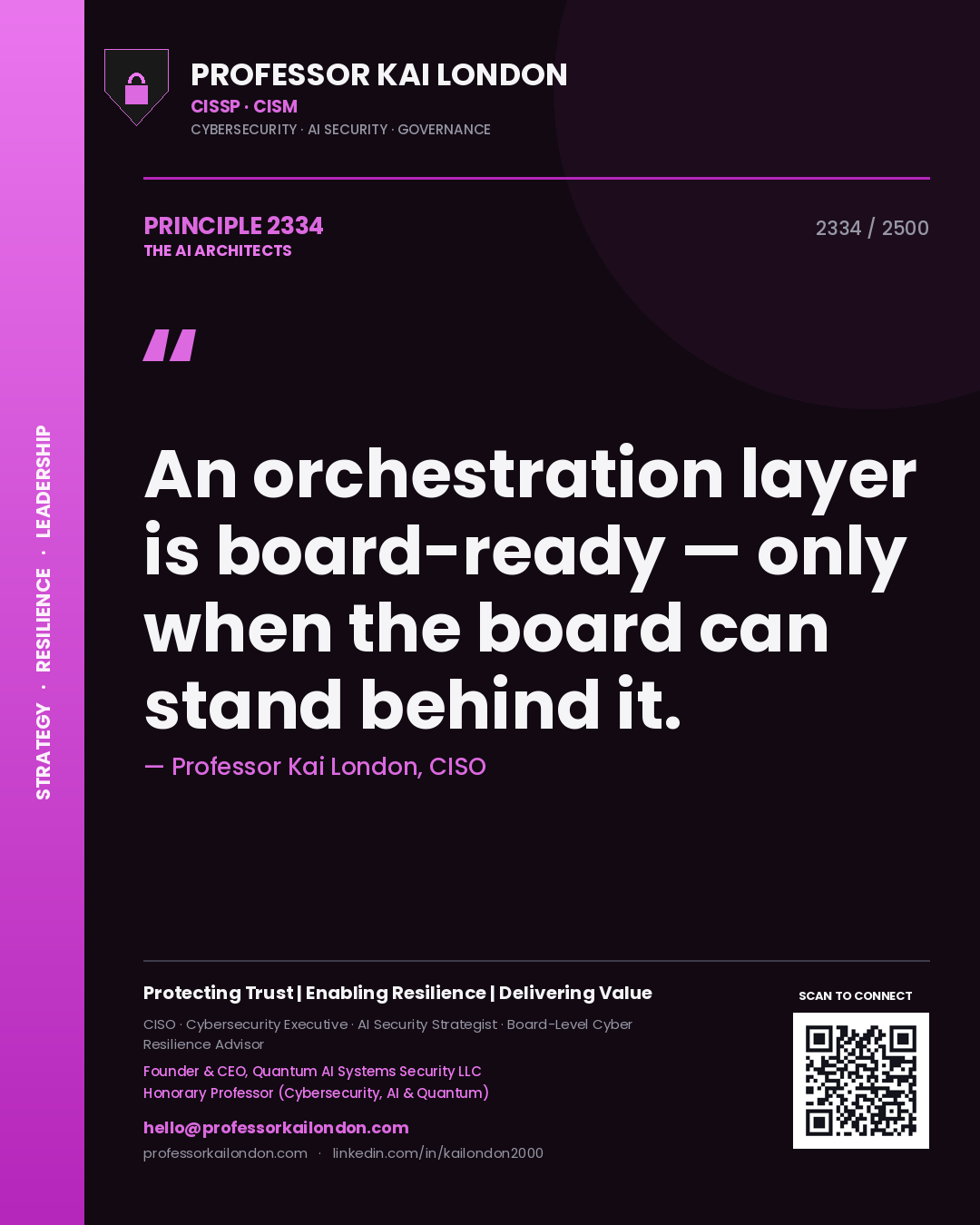 Professor Kai London principle 2334: An orchestration layer is board-ready — only when the board can stand behind it.