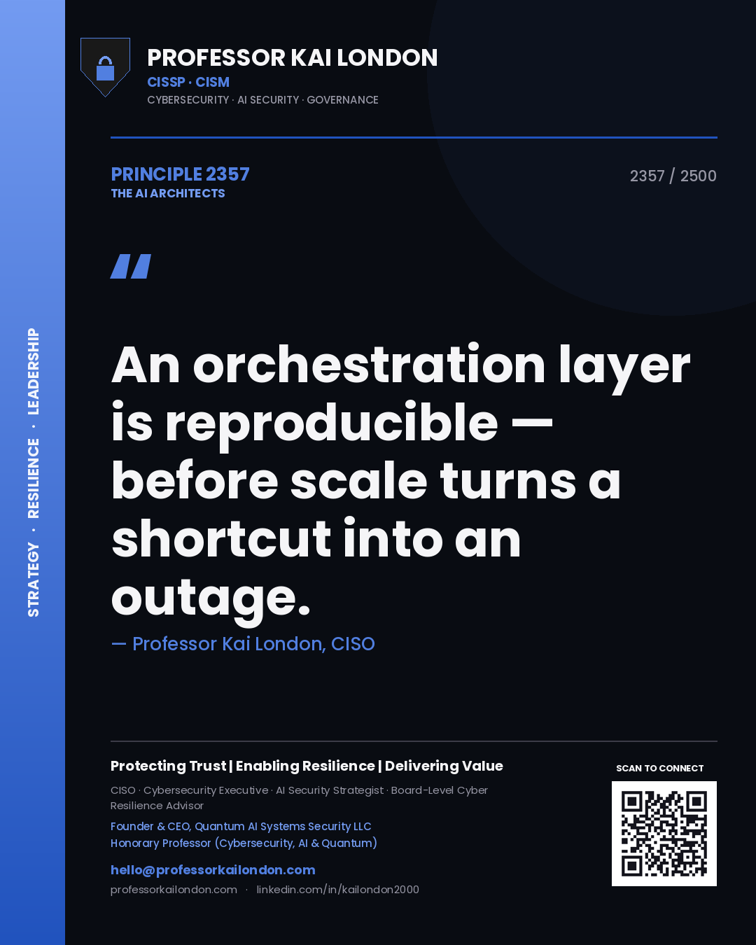 Professor Kai London principle 2357: An orchestration layer is reproducible — before scale turns a shortcut into an outage.