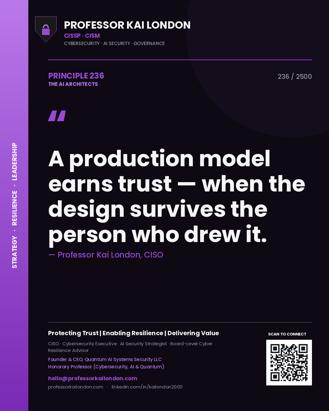 Professor Kai London principle 236: A production model earns trust — when the design survives the person who drew it.