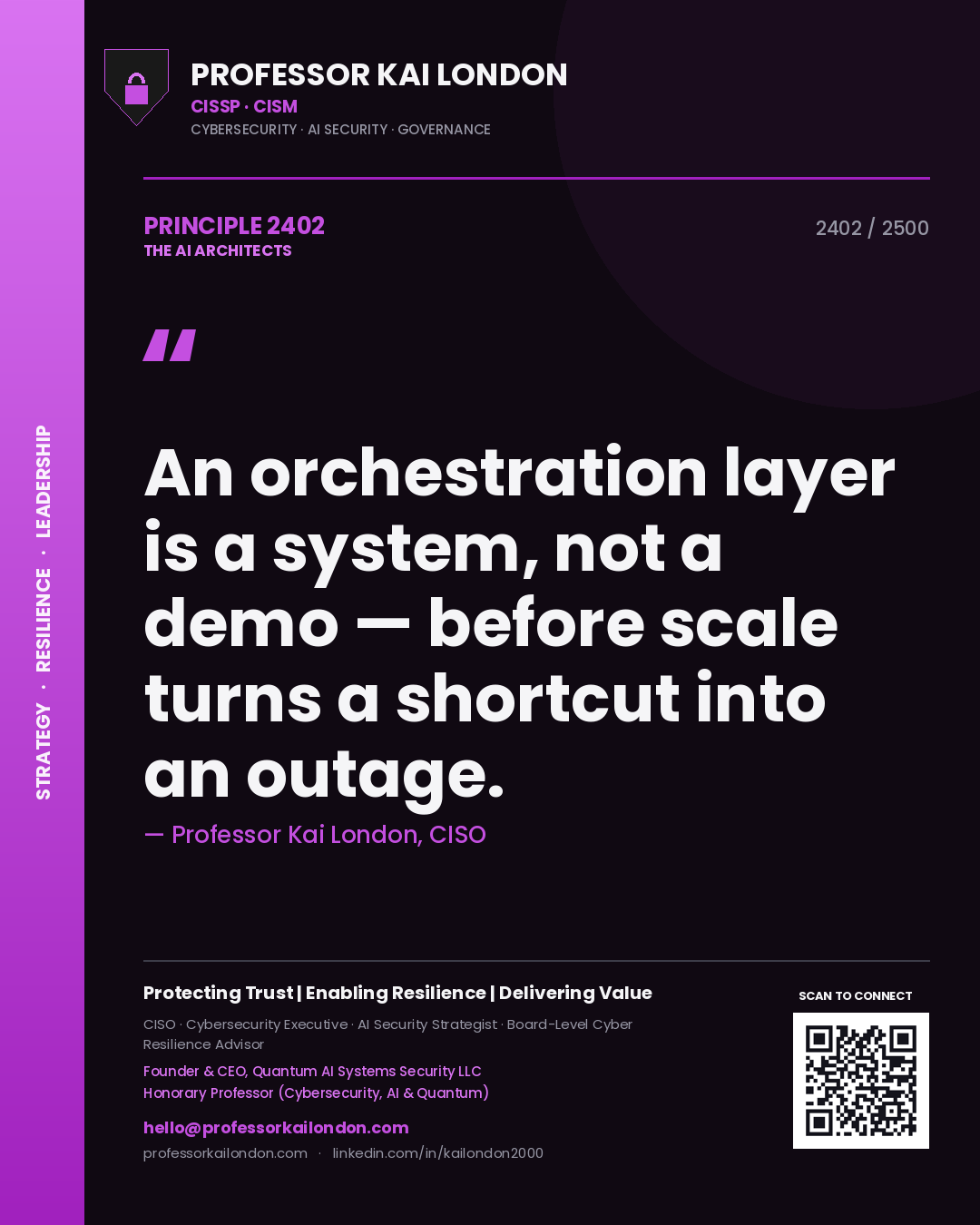 Professor Kai London principle 2402: An orchestration layer is a system, not a demo — before scale turns a shortcut into an outage.