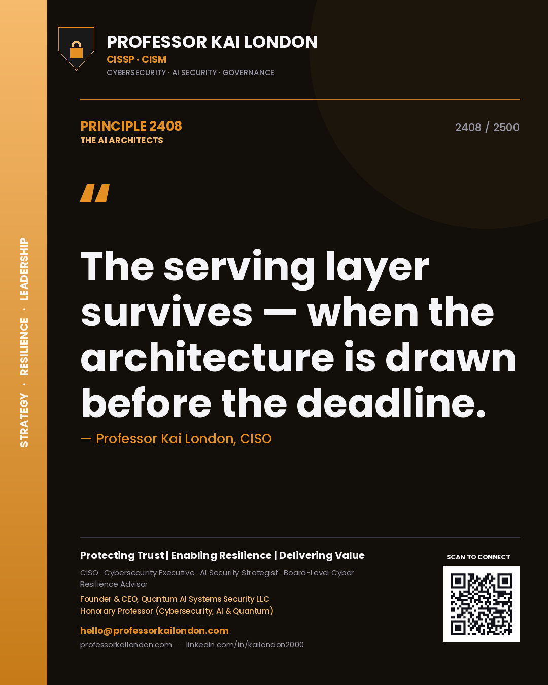 Professor Kai London principle 2408: The serving layer survives — when the architecture is drawn before the deadline.