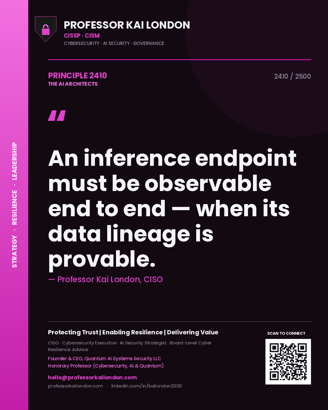 Professor Kai London principle 2410: An inference endpoint must be observable end to end — when its data lineage is provable.