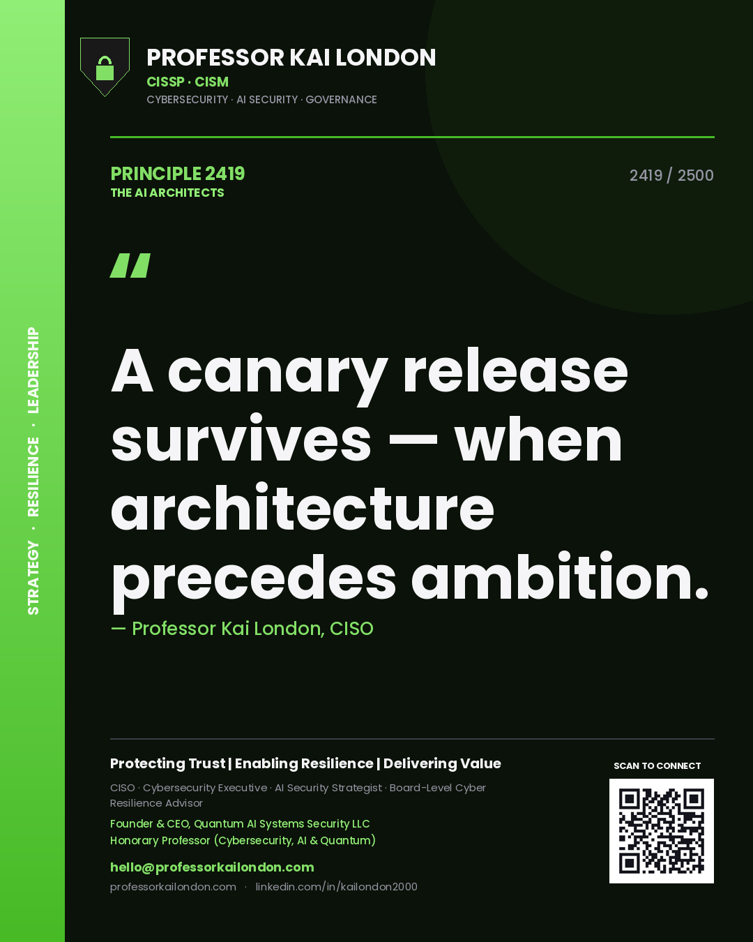Professor Kai London principle 2419: A canary release survives — when architecture precedes ambition.