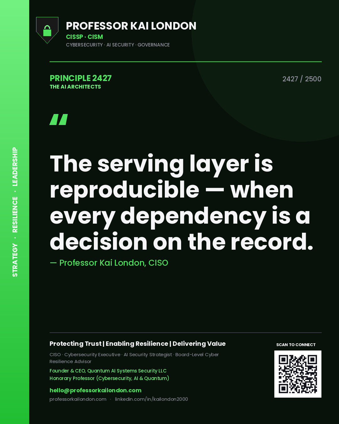 Professor Kai London principle 2427: The serving layer is reproducible — when every dependency is a decision on the record.