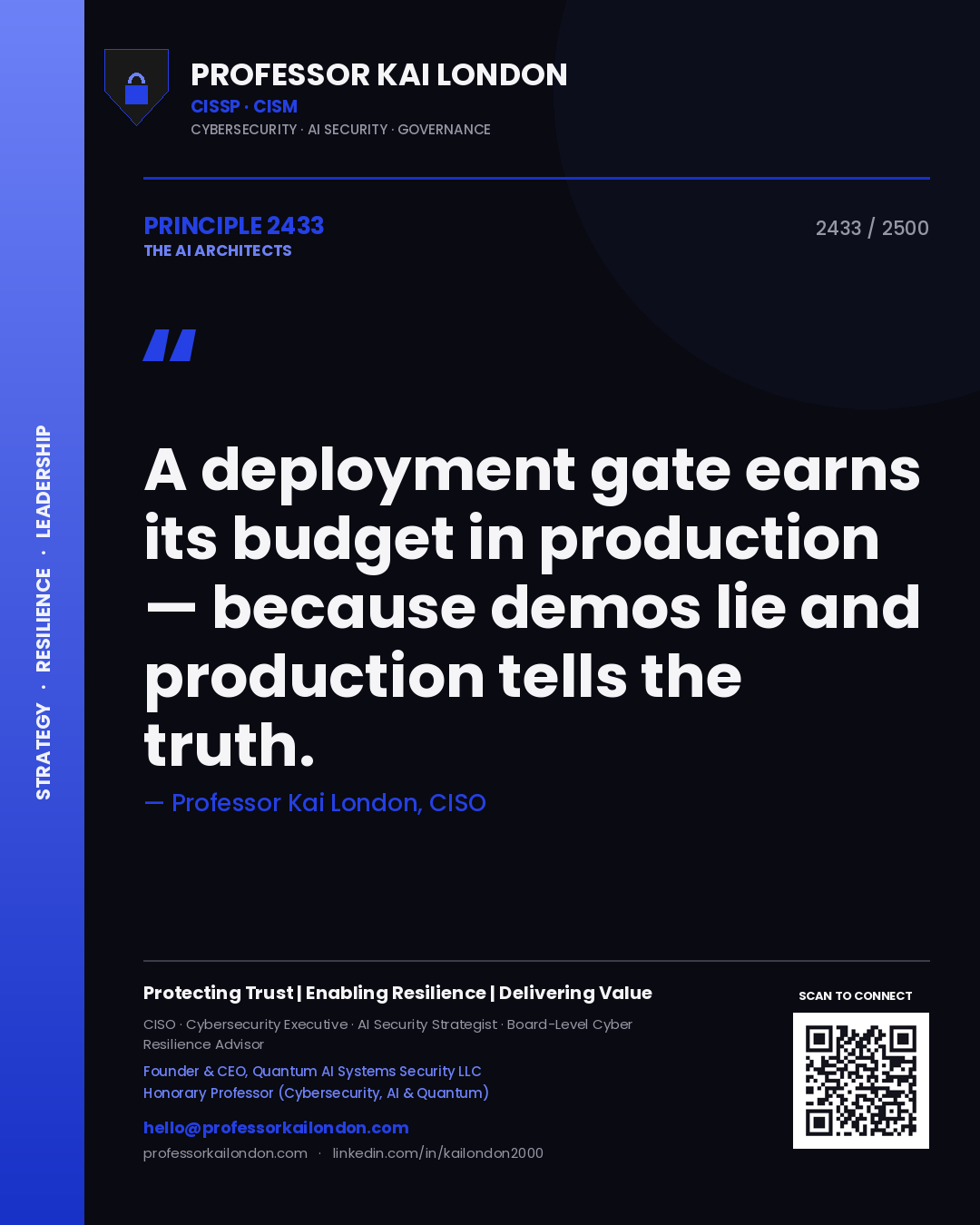 Professor Kai London principle 2433: A deployment gate earns its budget in production — because demos lie and production tells the truth.