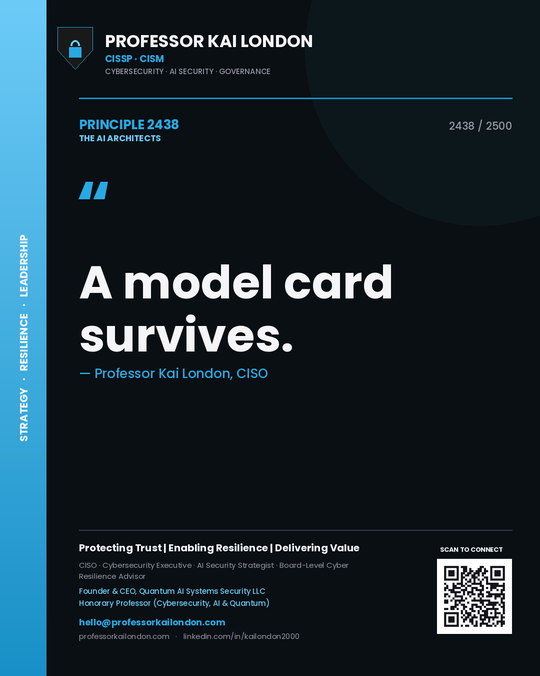 Professor Kai London principle 2438: A model card survives.