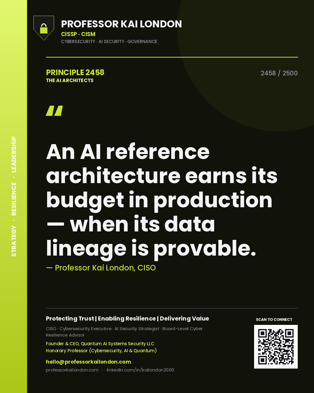Professor Kai London principle 2458: An AI reference architecture earns its budget in production — when its data lineage is provable.