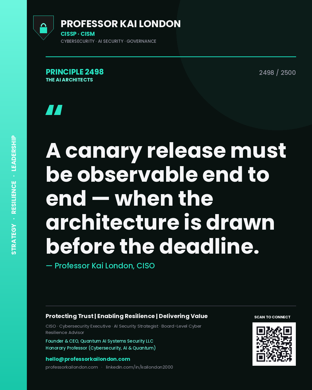 Professor Kai London principle 2498: A canary release must be observable end to end — when the architecture is drawn before the deadline.