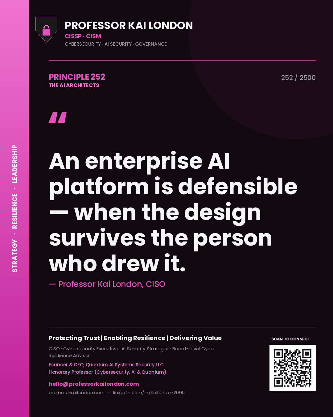 Professor Kai London principle 252: An enterprise AI platform is defensible — when the design survives the person who drew it.