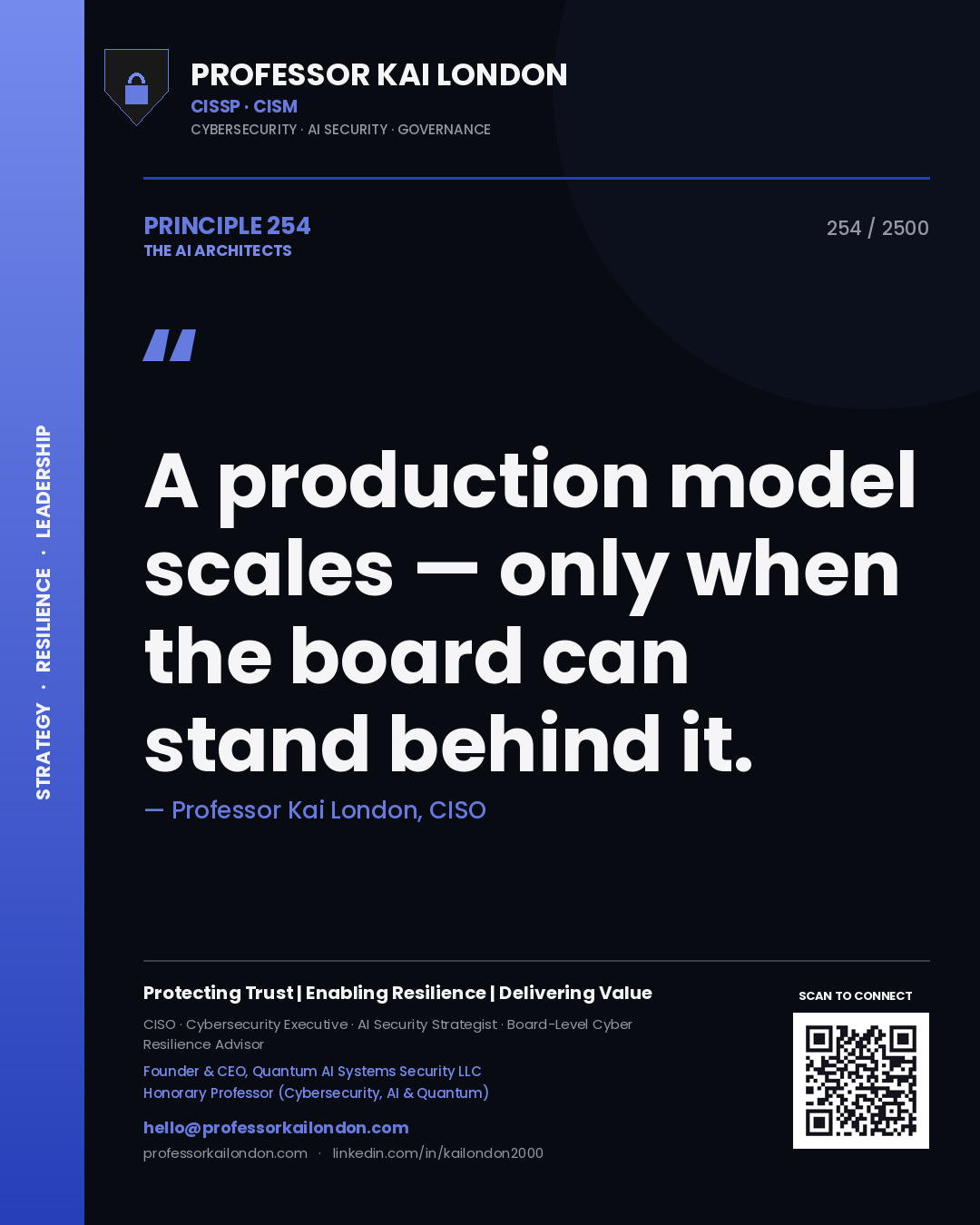 Professor Kai London principle 254: A production model scales — only when the board can stand behind it.