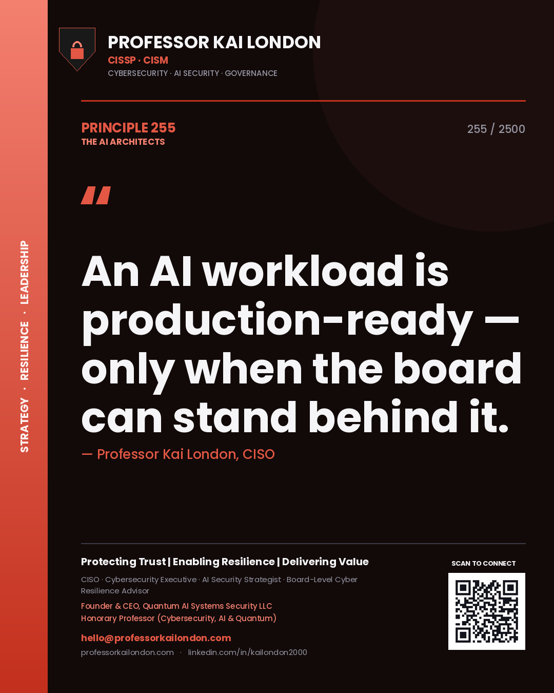 Professor Kai London principle 255: An AI workload is production-ready — only when the board can stand behind it.