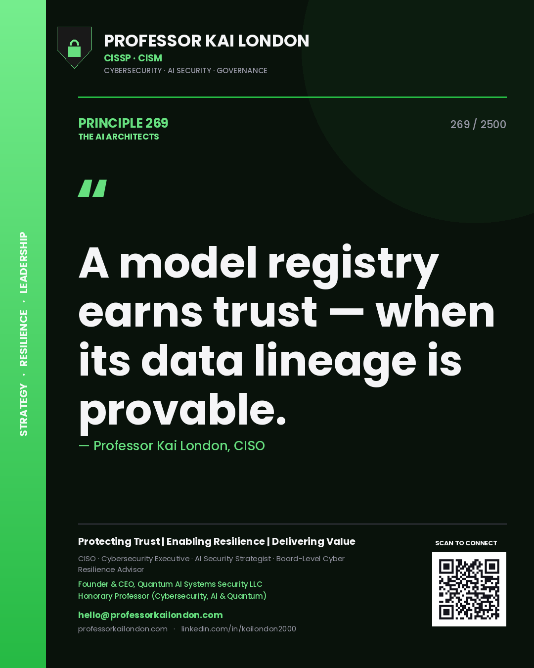 Professor Kai London principle 269: A model registry earns trust — when its data lineage is provable.