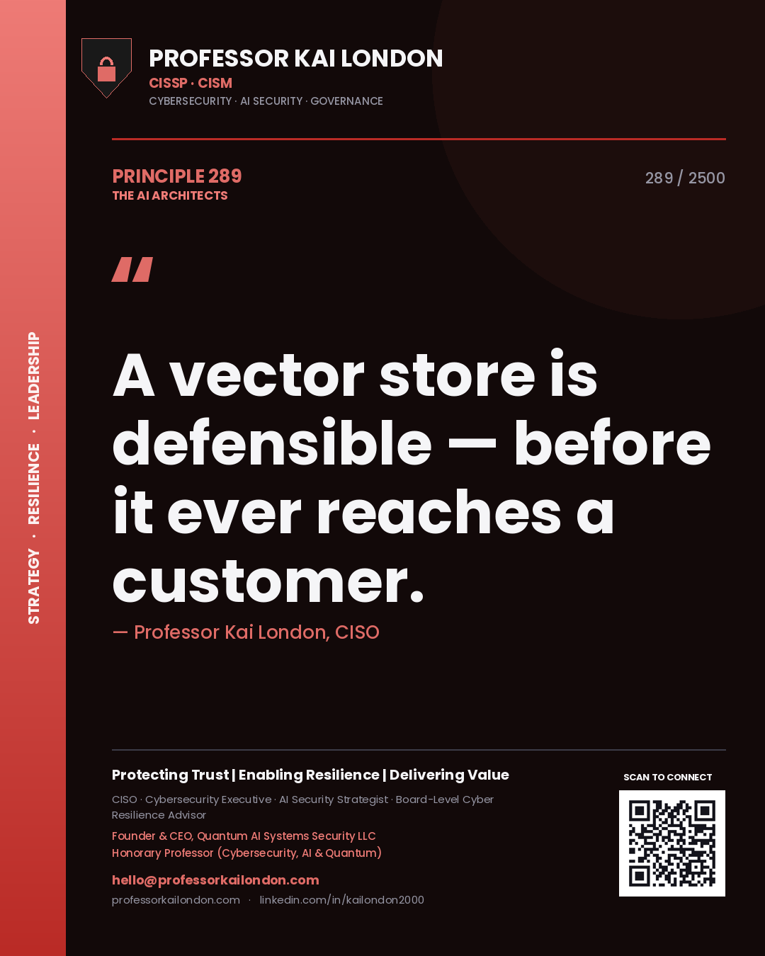 Professor Kai London principle 289: A vector store is defensible — before it ever reaches a customer.
