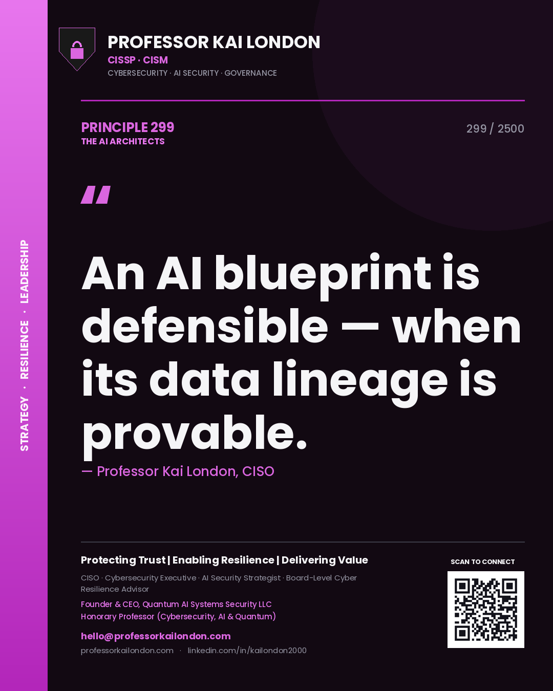 Professor Kai London principle 299: An AI blueprint is defensible — when its data lineage is provable.