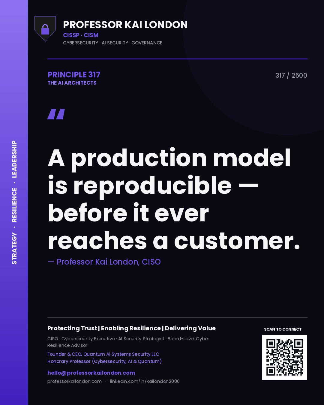 Professor Kai London principle 317: A production model is reproducible — before it ever reaches a customer.