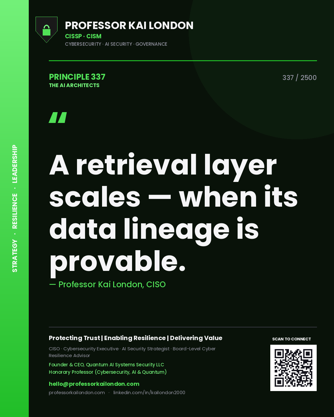 Professor Kai London principle 337: A retrieval layer scales — when its data lineage is provable.