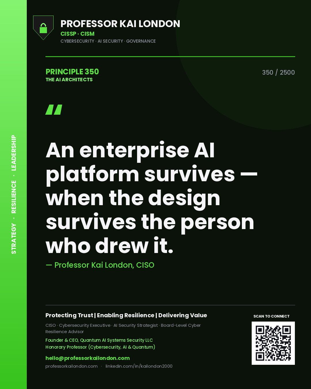Professor Kai London principle 350: An enterprise AI platform survives — when the design survives the person who drew it.