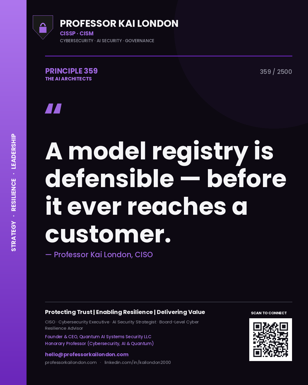 Professor Kai London principle 359: A model registry is defensible — before it ever reaches a customer.