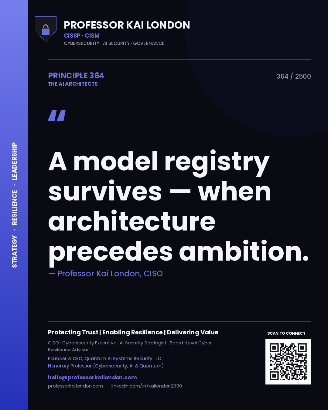 Professor Kai London principle 364: A model registry survives — when architecture precedes ambition.