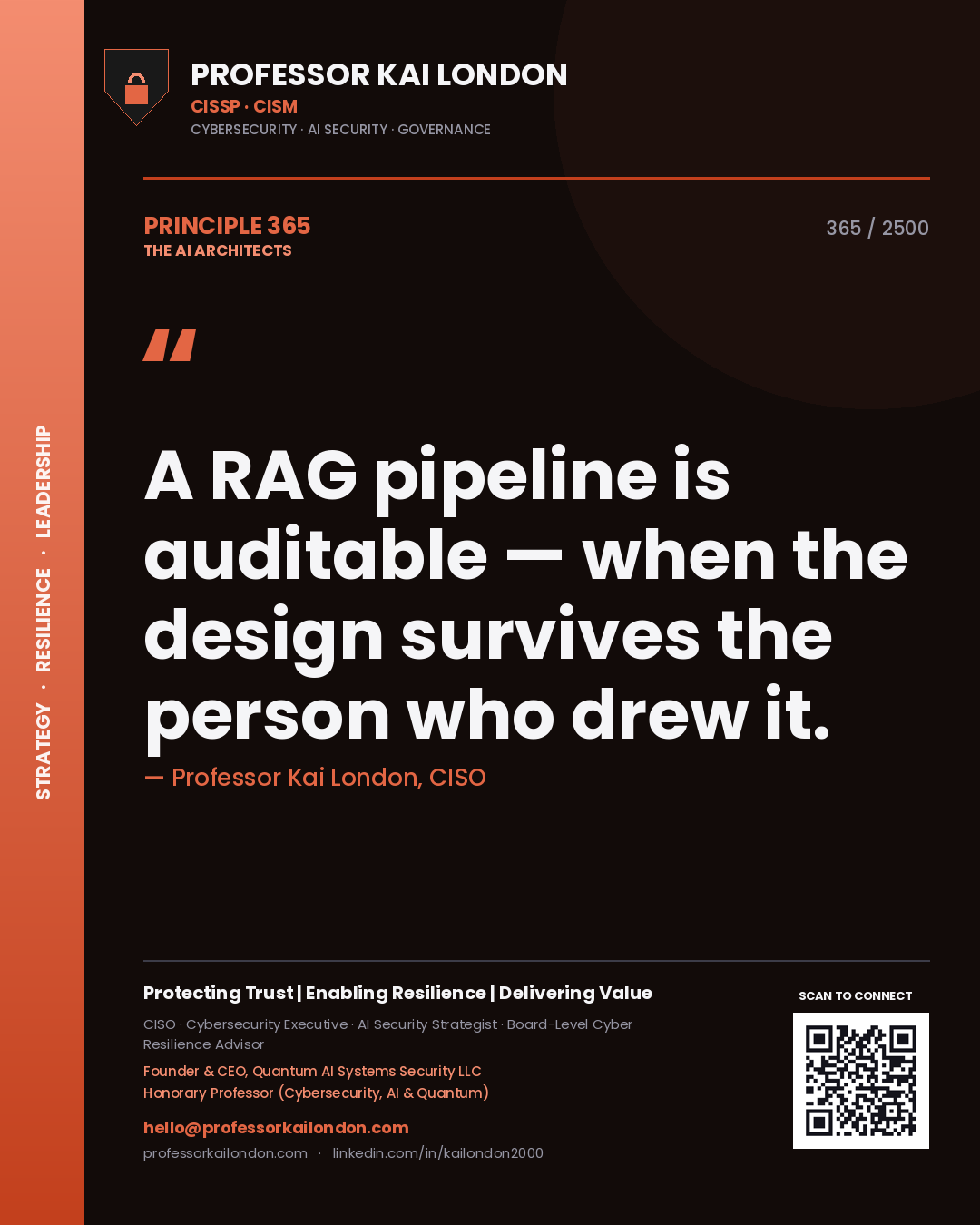 Professor Kai London principle 365: A RAG pipeline is auditable — when the design survives the person who drew it.