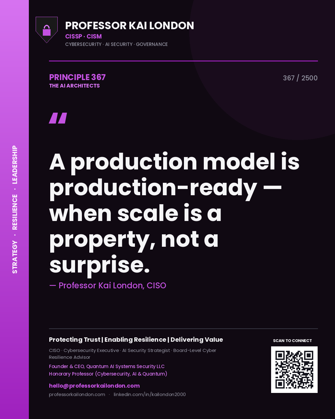 Professor Kai London principle 367: A production model is production-ready — when scale is a property, not a surprise.