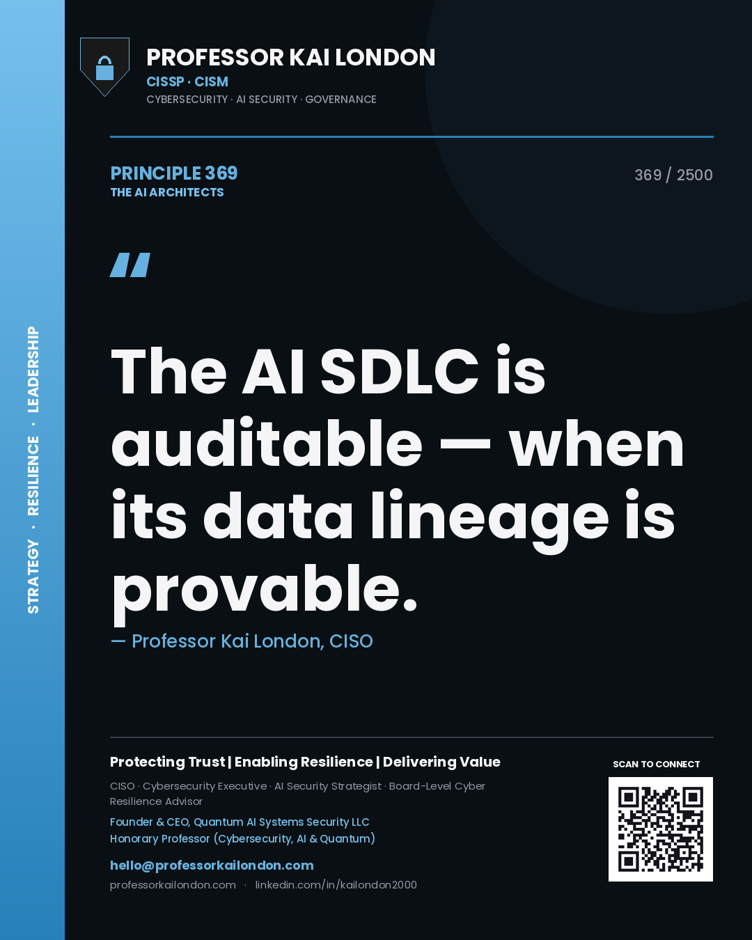 Professor Kai London principle 369: The AI SDLC is auditable — when its data lineage is provable.