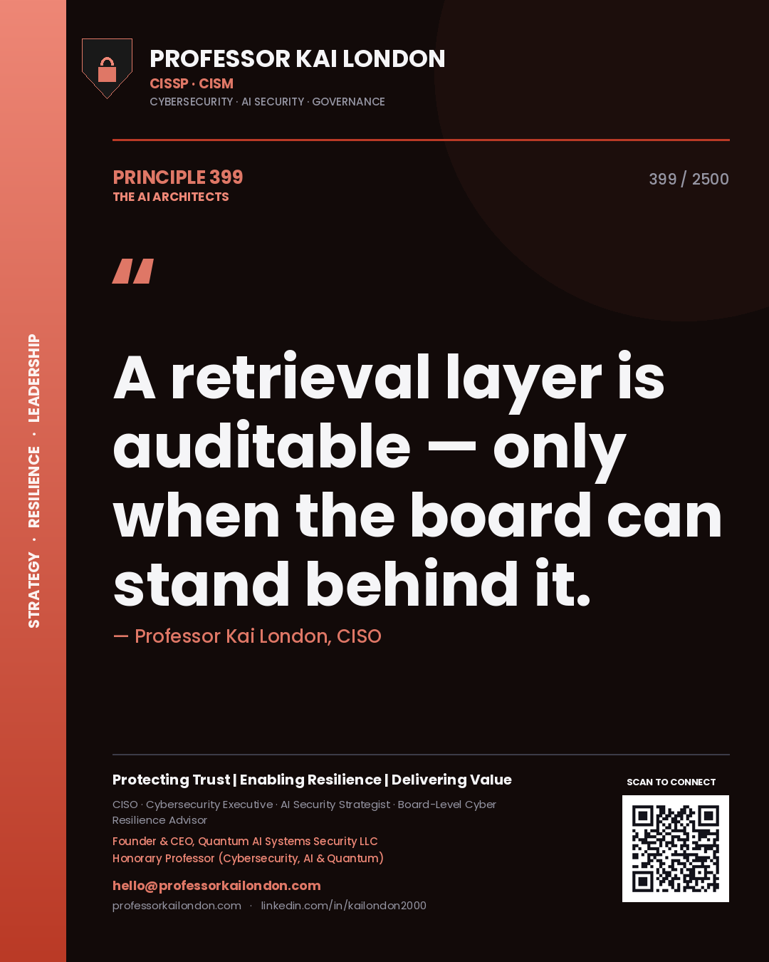 Professor Kai London principle 399: A retrieval layer is auditable — only when the board can stand behind it.