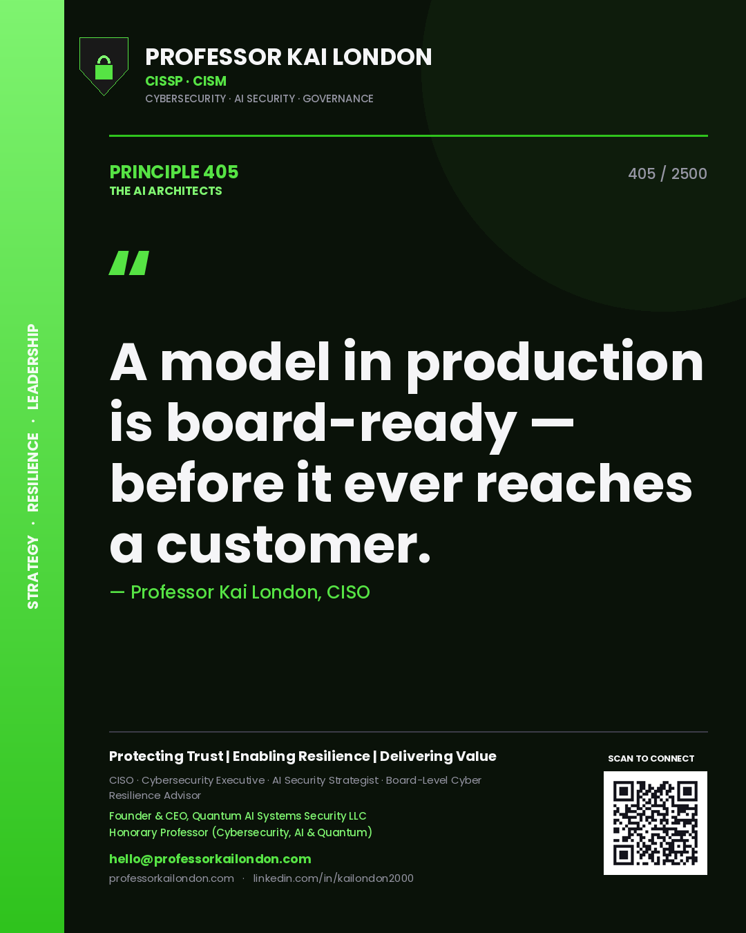 Professor Kai London principle 405: A model in production is board-ready — before it ever reaches a customer.