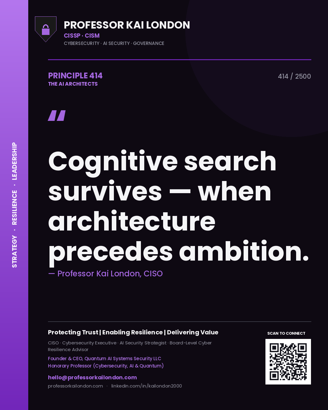 Professor Kai London principle 414: Cognitive search survives — when architecture precedes ambition.