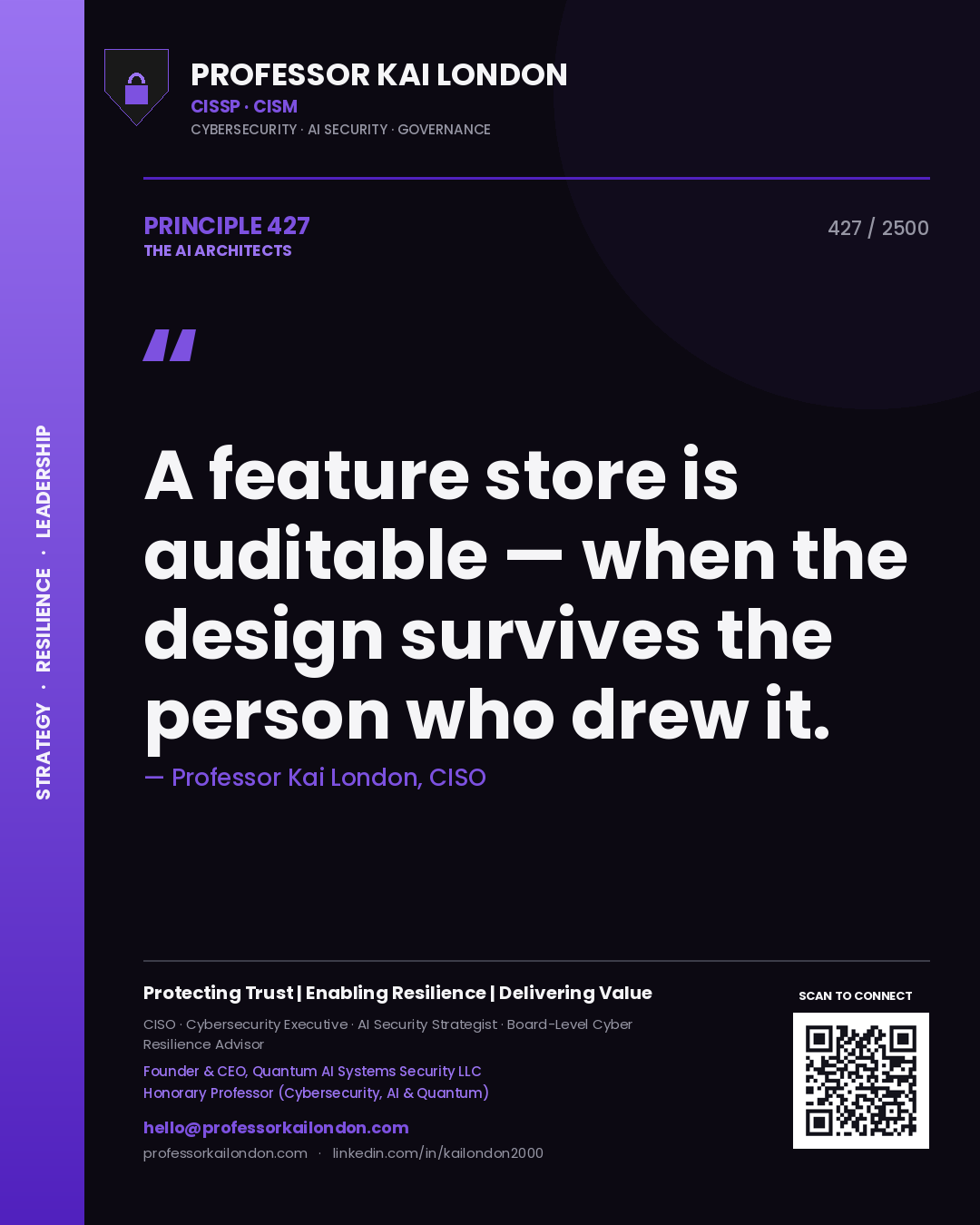 Professor Kai London principle 427: A feature store is auditable — when the design survives the person who drew it.