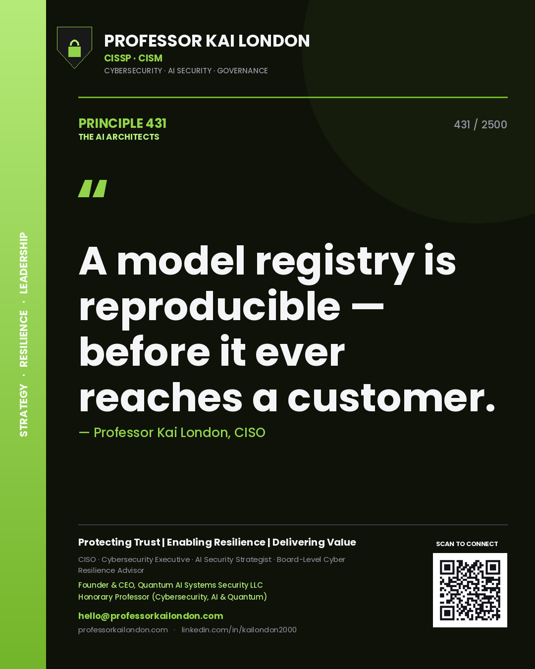 Professor Kai London principle 431: A model registry is reproducible — before it ever reaches a customer.