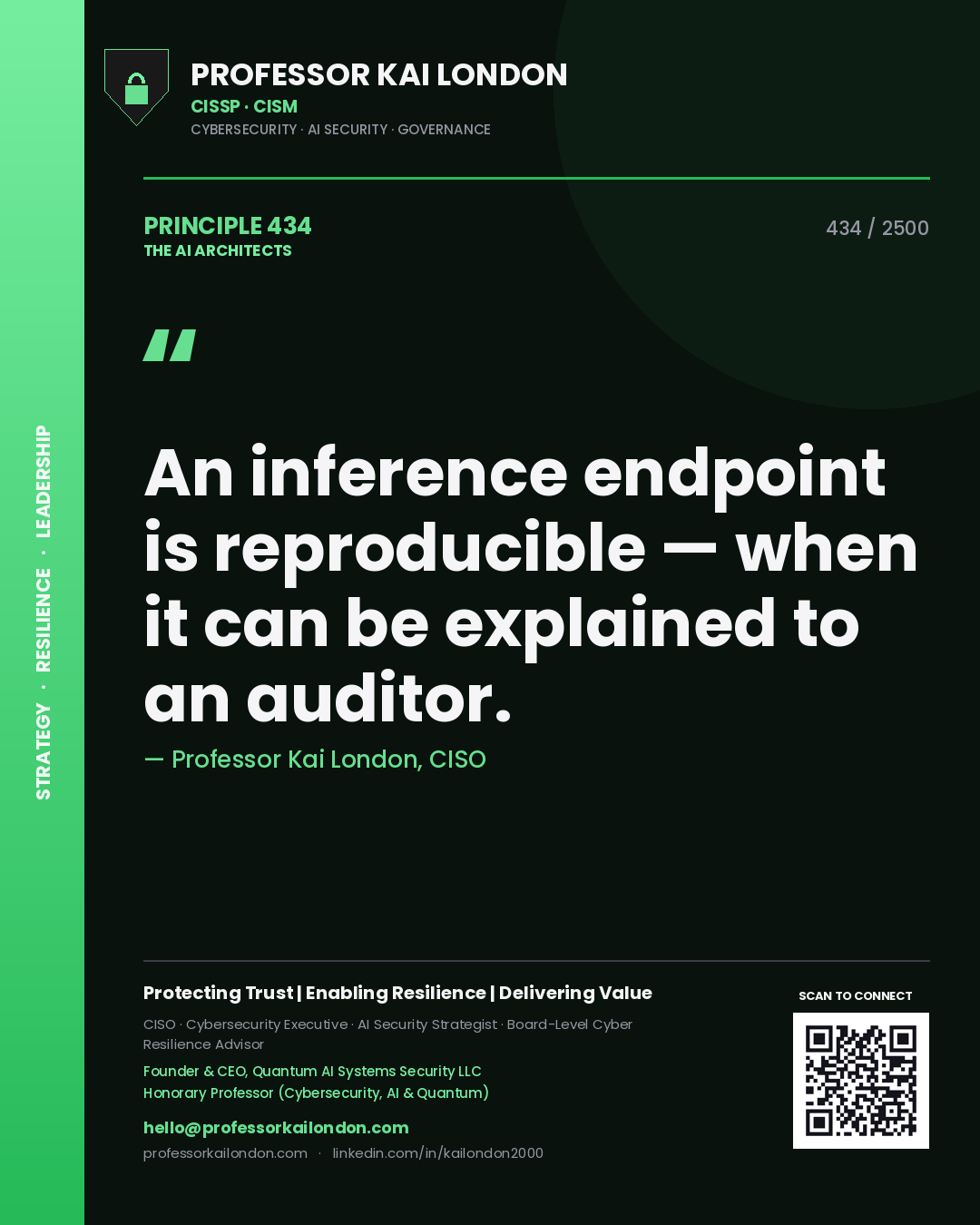 Professor Kai London principle 434: An inference endpoint is reproducible — when it can be explained to an auditor.