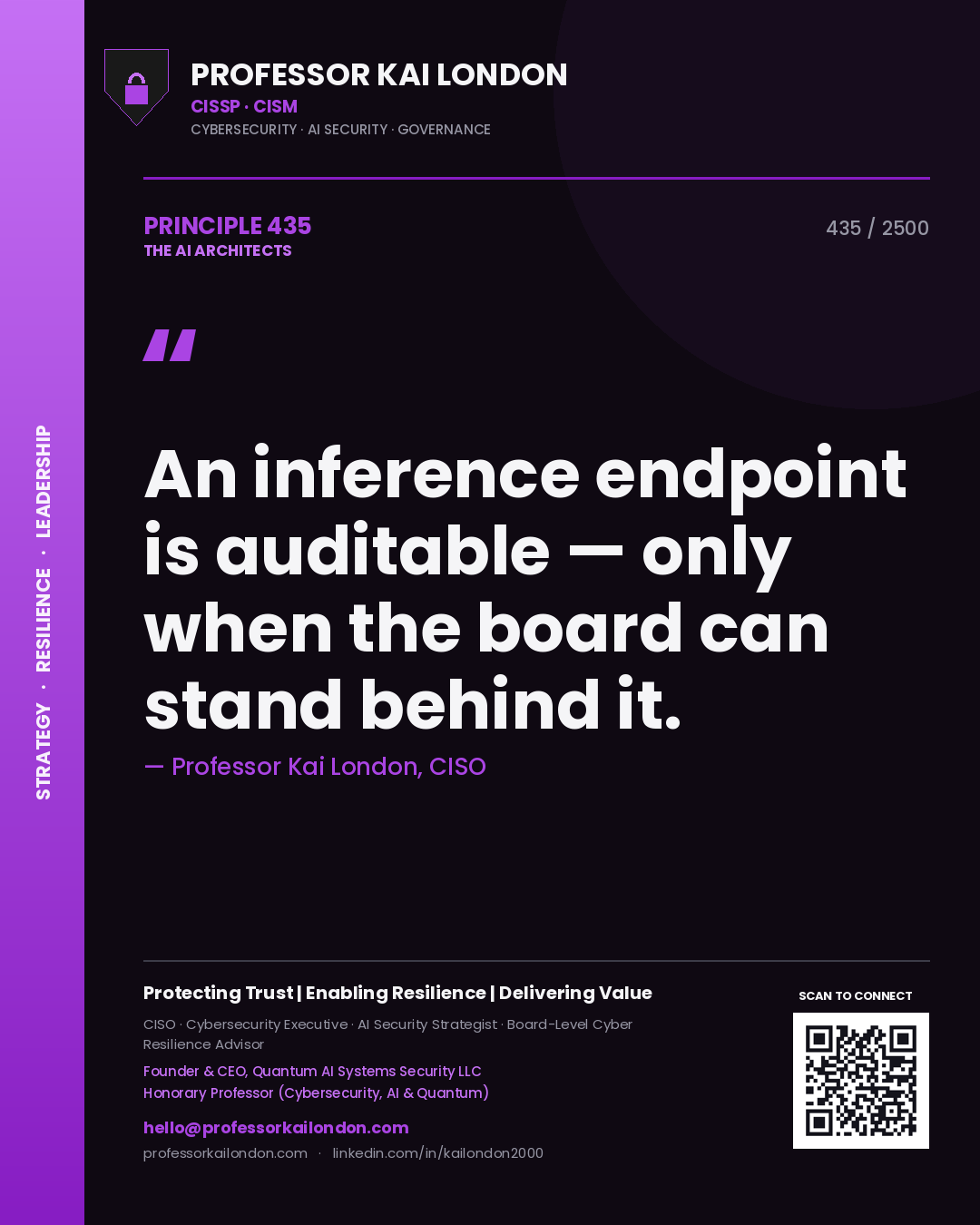 Professor Kai London principle 435: An inference endpoint is auditable — only when the board can stand behind it.