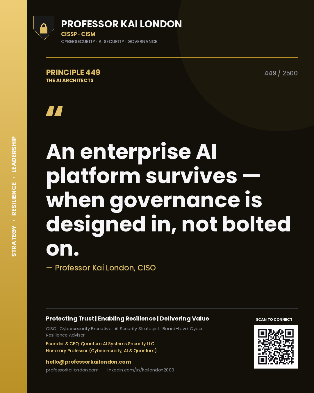 Professor Kai London principle 449: An enterprise AI platform survives — when governance is designed in, not bolted on.