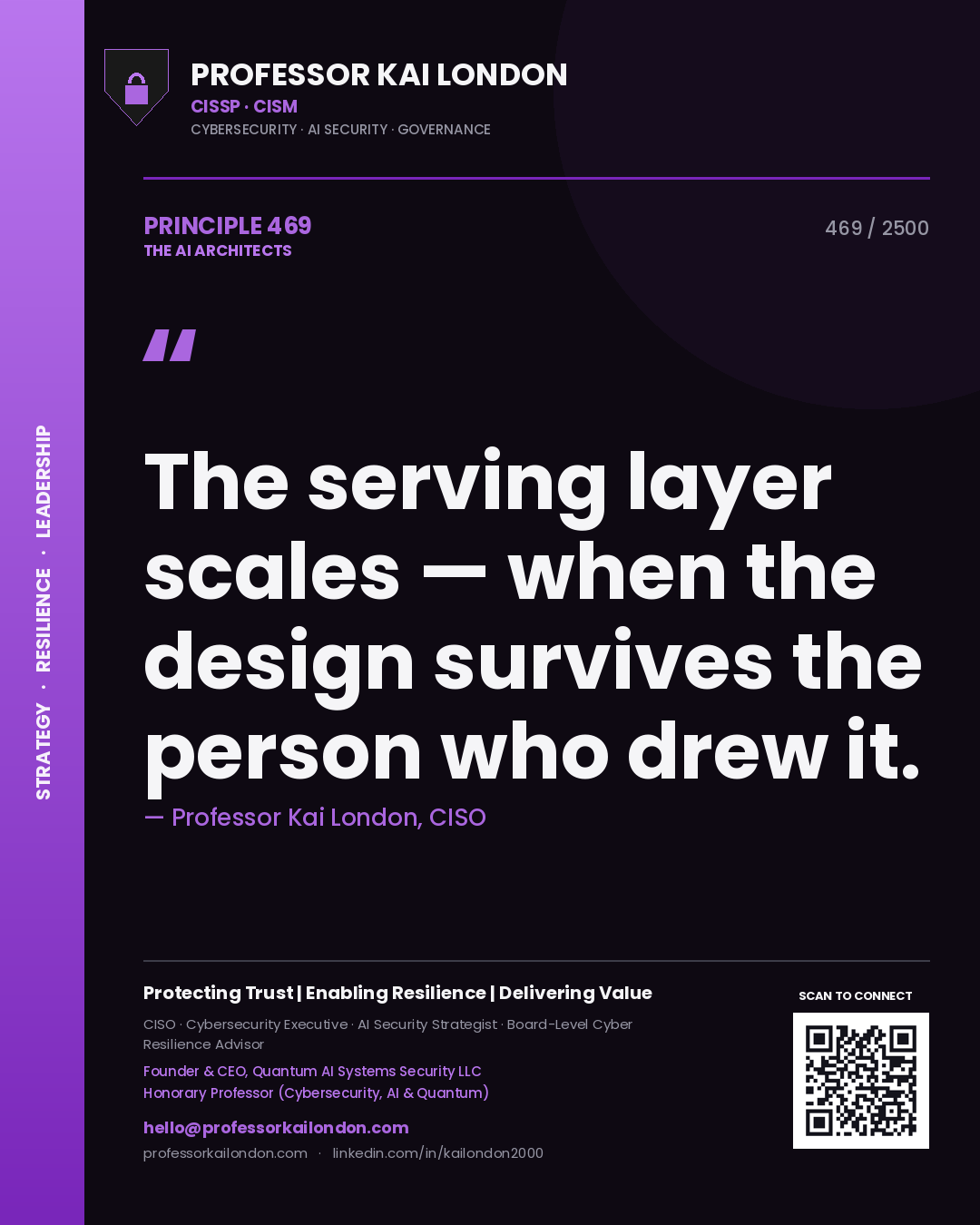Professor Kai London principle 469: The serving layer scales — when the design survives the person who drew it.