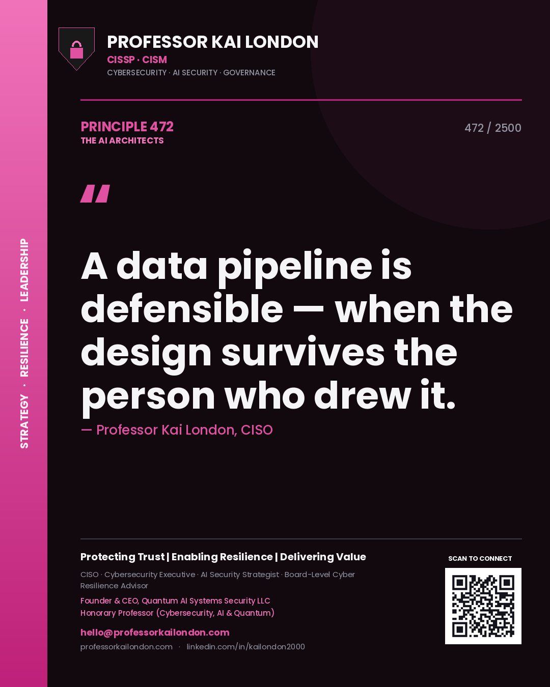 Professor Kai London principle 472: A data pipeline is defensible — when the design survives the person who drew it.