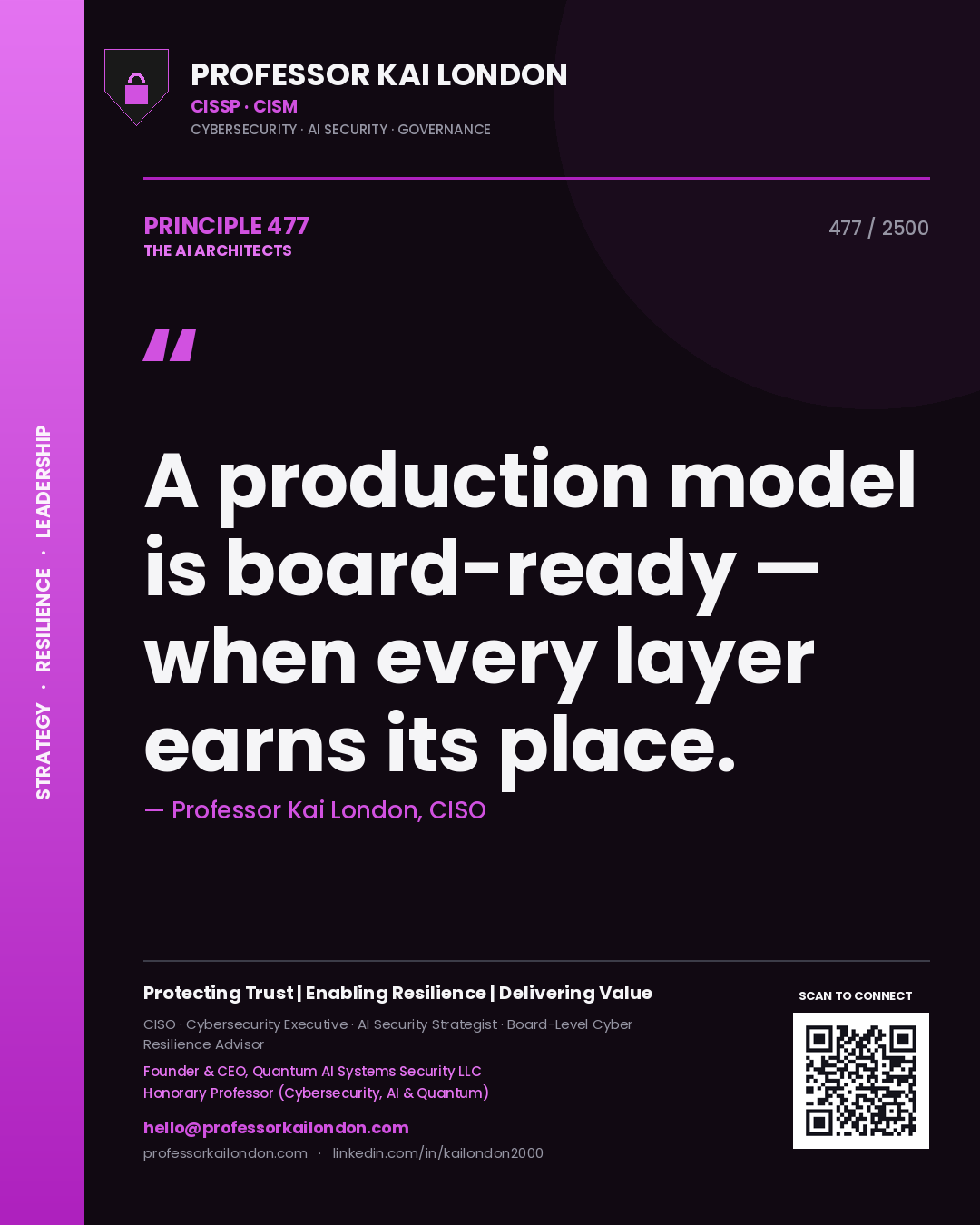 Professor Kai London principle 477: A production model is board-ready — when every layer earns its place.