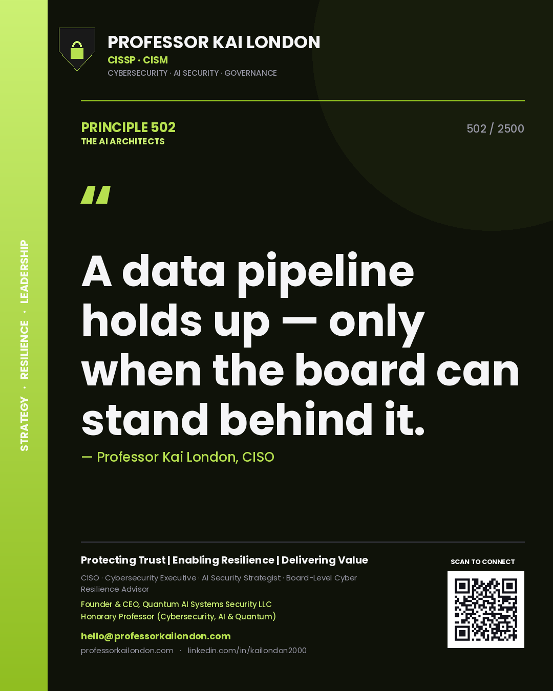 Professor Kai London principle 502: A data pipeline holds up — only when the board can stand behind it.