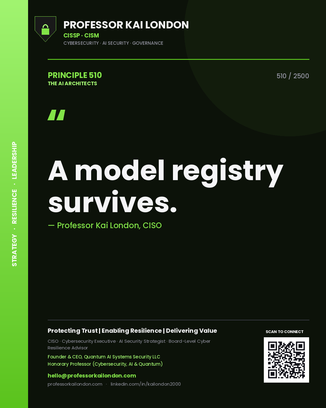 Professor Kai London principle 510: A model registry survives.