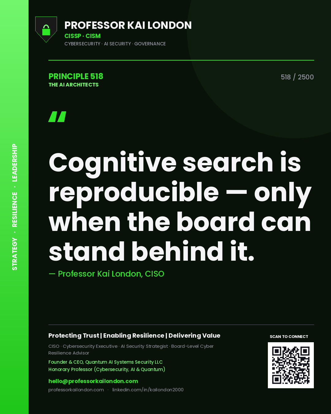 Professor Kai London principle 518: Cognitive search is reproducible — only when the board can stand behind it.