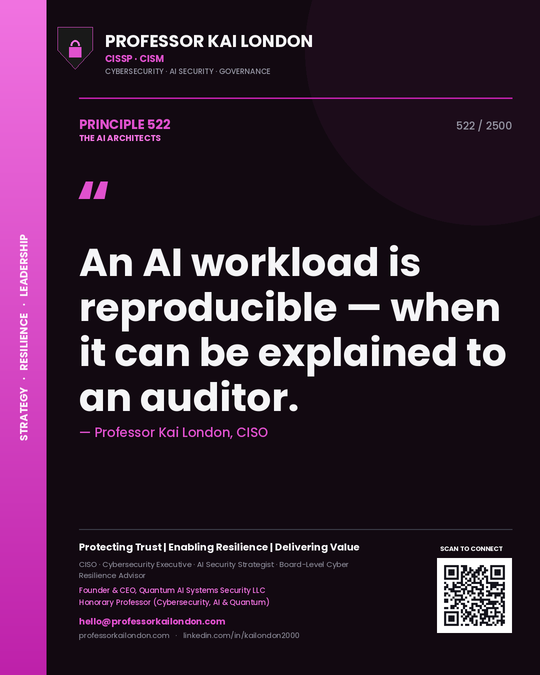 Professor Kai London principle 522: An AI workload is reproducible — when it can be explained to an auditor.