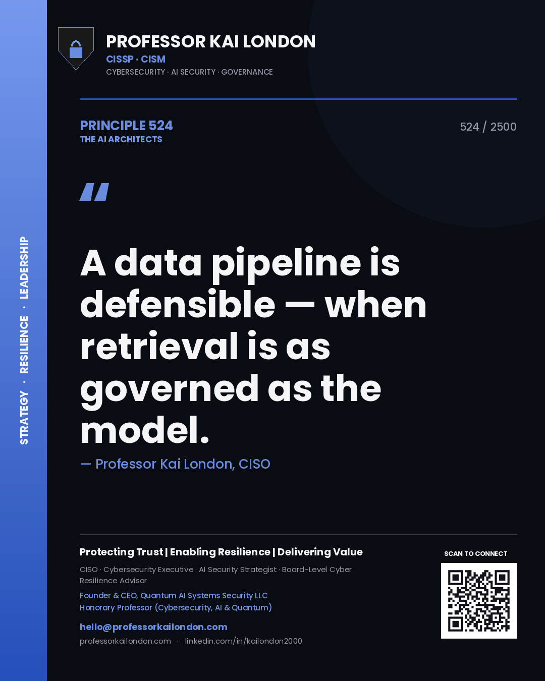 Professor Kai London principle 524: A data pipeline is defensible — when retrieval is as governed as the model.