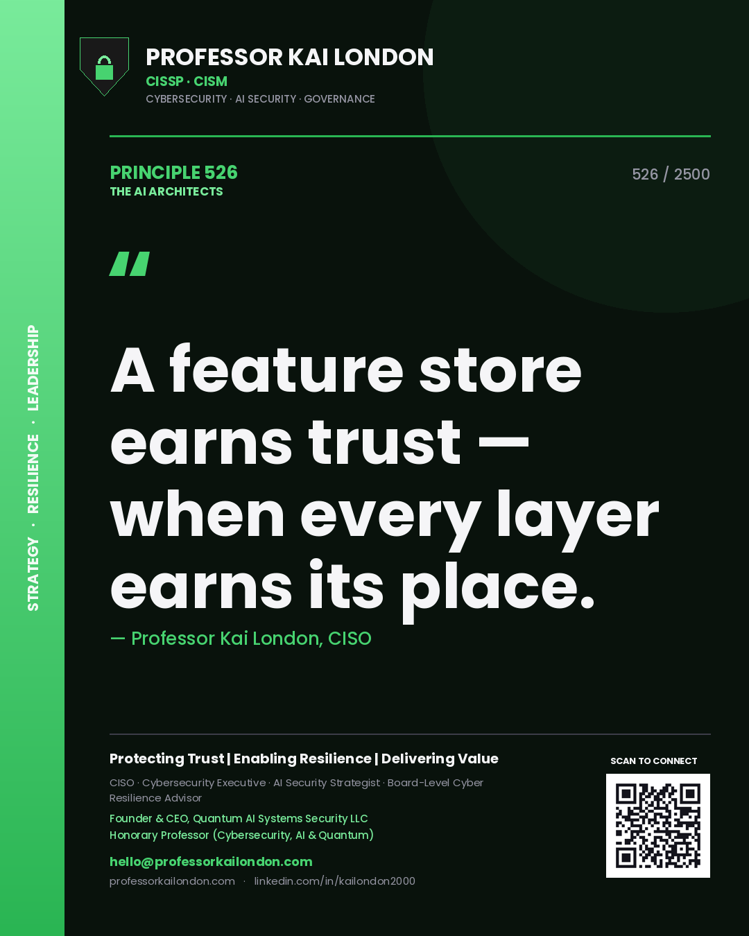Professor Kai London principle 526: A feature store earns trust — when every layer earns its place.