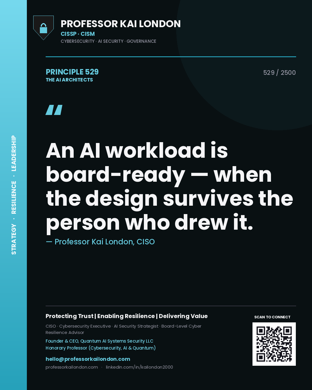 Professor Kai London principle 529: An AI workload is board-ready — when the design survives the person who drew it.