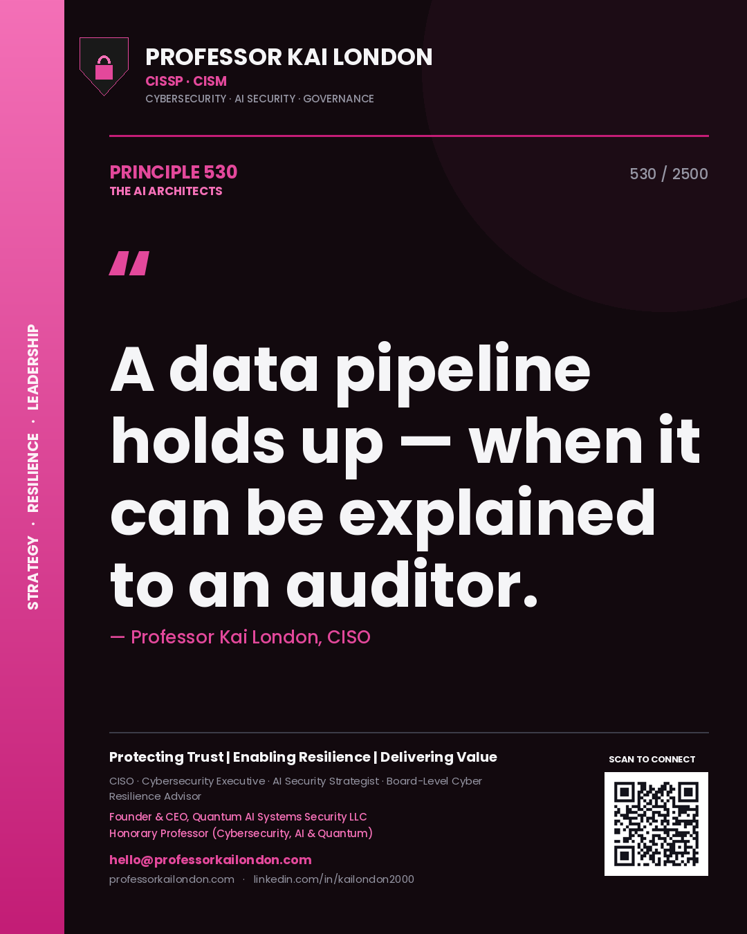Professor Kai London principle 530: A data pipeline holds up — when it can be explained to an auditor.