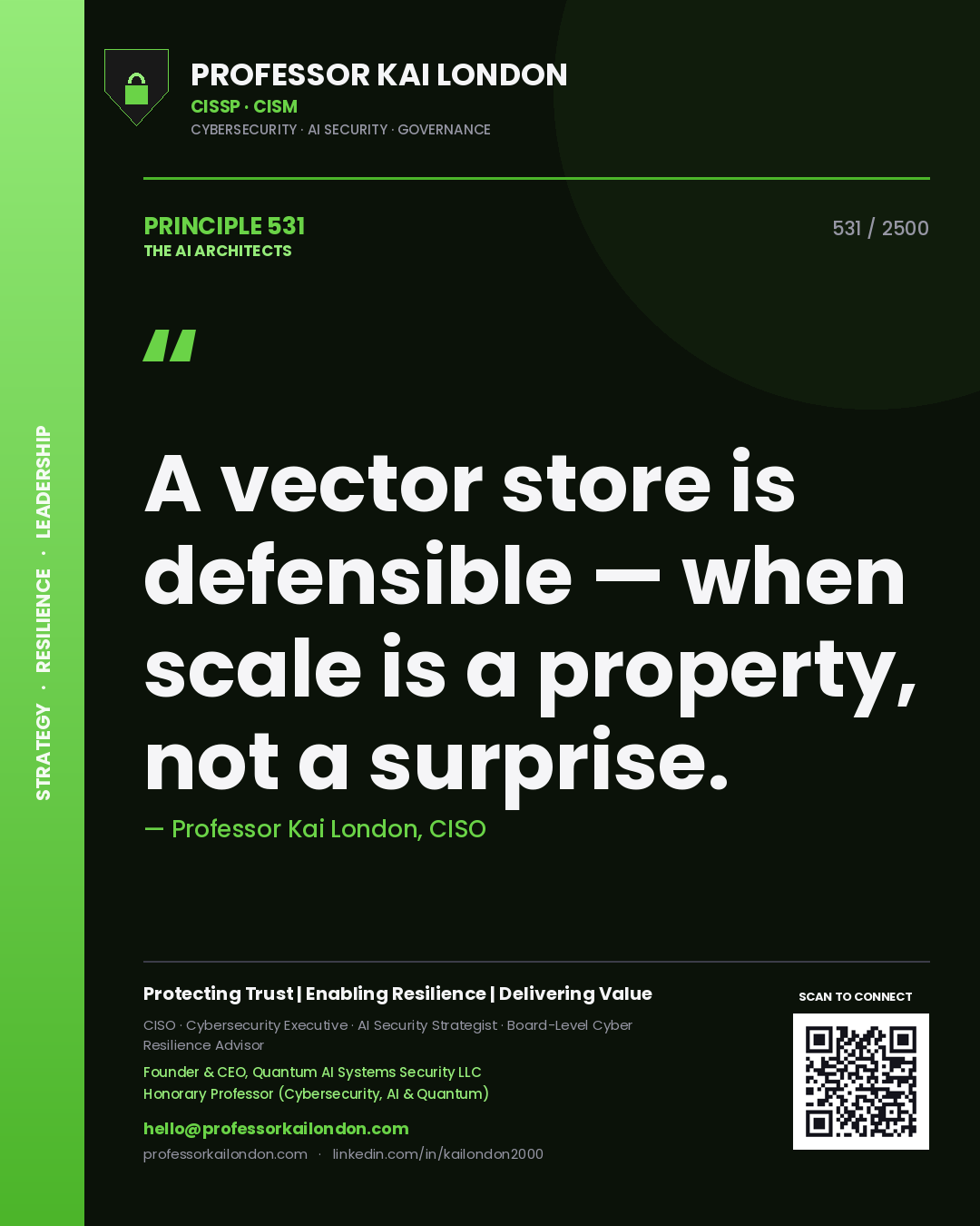 Professor Kai London principle 531: A vector store is defensible — when scale is a property, not a surprise.